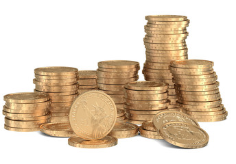 Stacks of golden dollar coins on white