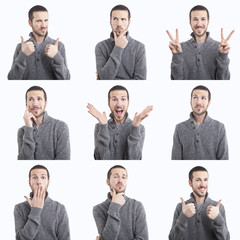 Wall Mural - young man funny face expressions composite isolated on white bac