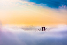 World Famous Golden Gate Bridge In Thich Fog After Sunrise