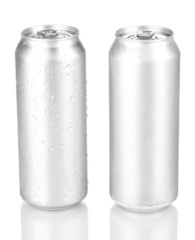 Aluminum cans with water drops isolated on white