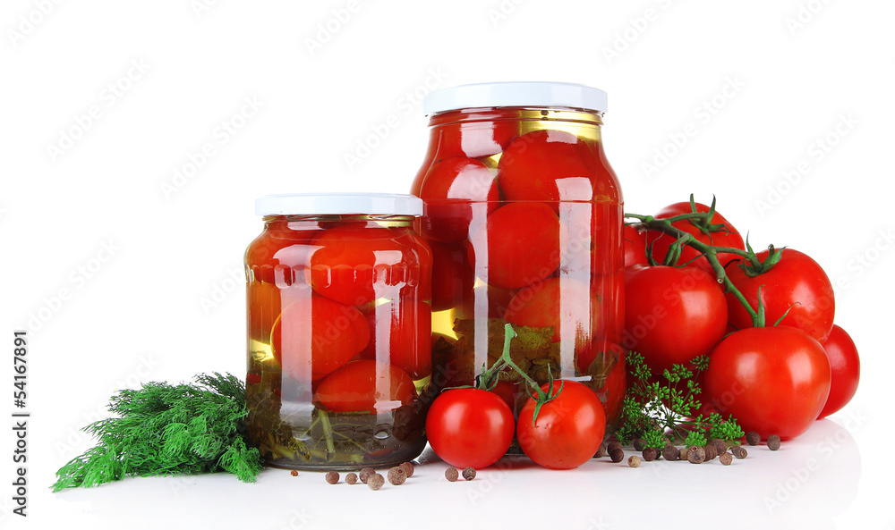 Tasty canned and fresh tomatoes, isolated on white