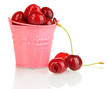 Ripe red cherry berries in pail isolated on white 