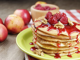 Pile of pancakes in the white plate