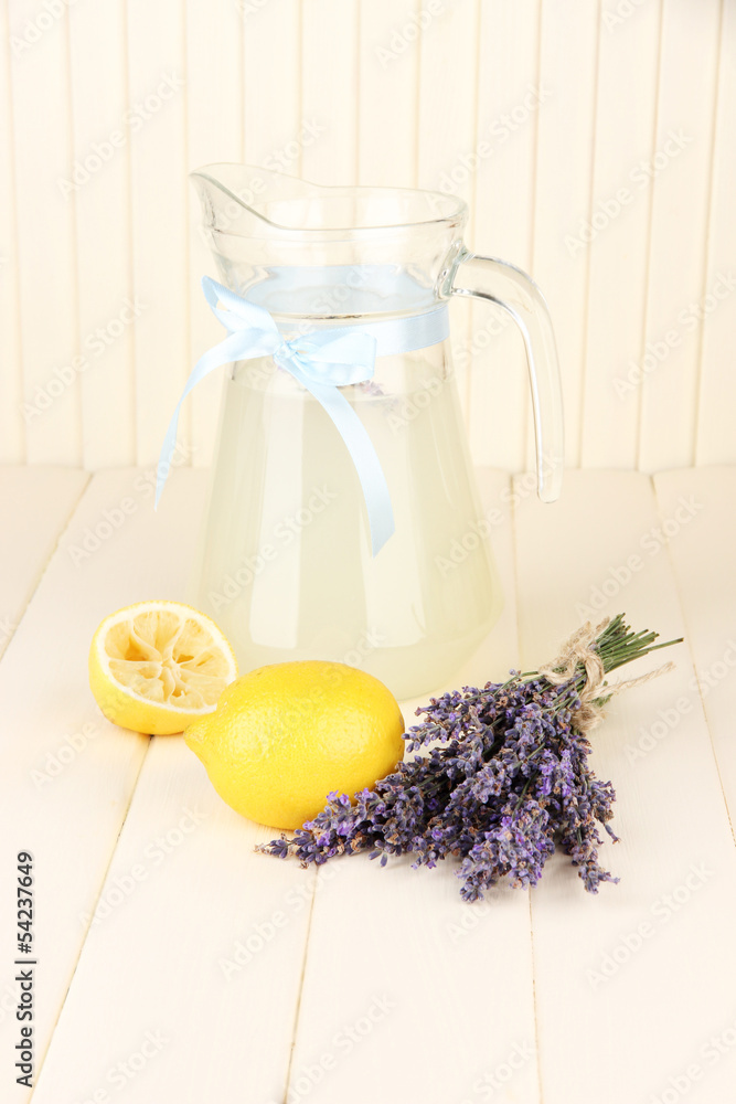 Lavender lemonade, on white wooden background