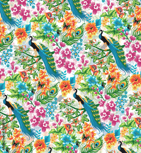Fototapeta na wymiar Seamless tropical pattern with peacocks and flowers.