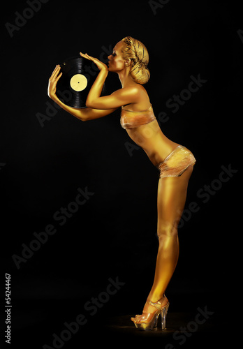 Foto-Kissen - Futurism. Golden Woman DJ with Vinyl Record. Body Painting (von gromovataya)