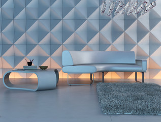 Wall Mural - Modern white couch in front of illuminated design wall