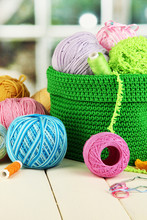Colorful Yarn For Knitting In Green Basket