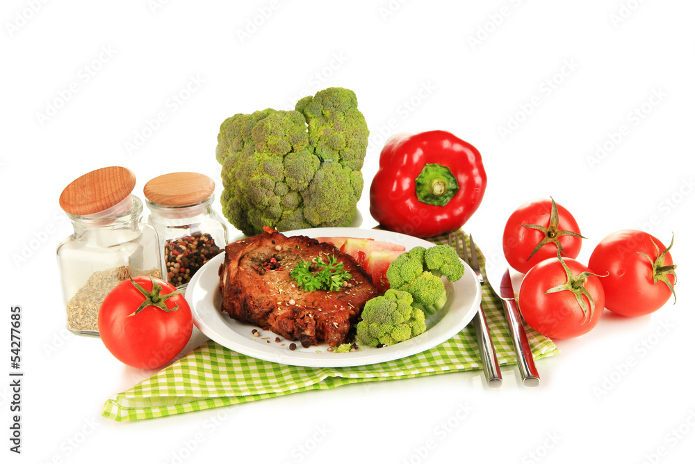 Piece of fried meat on plate isolated on white