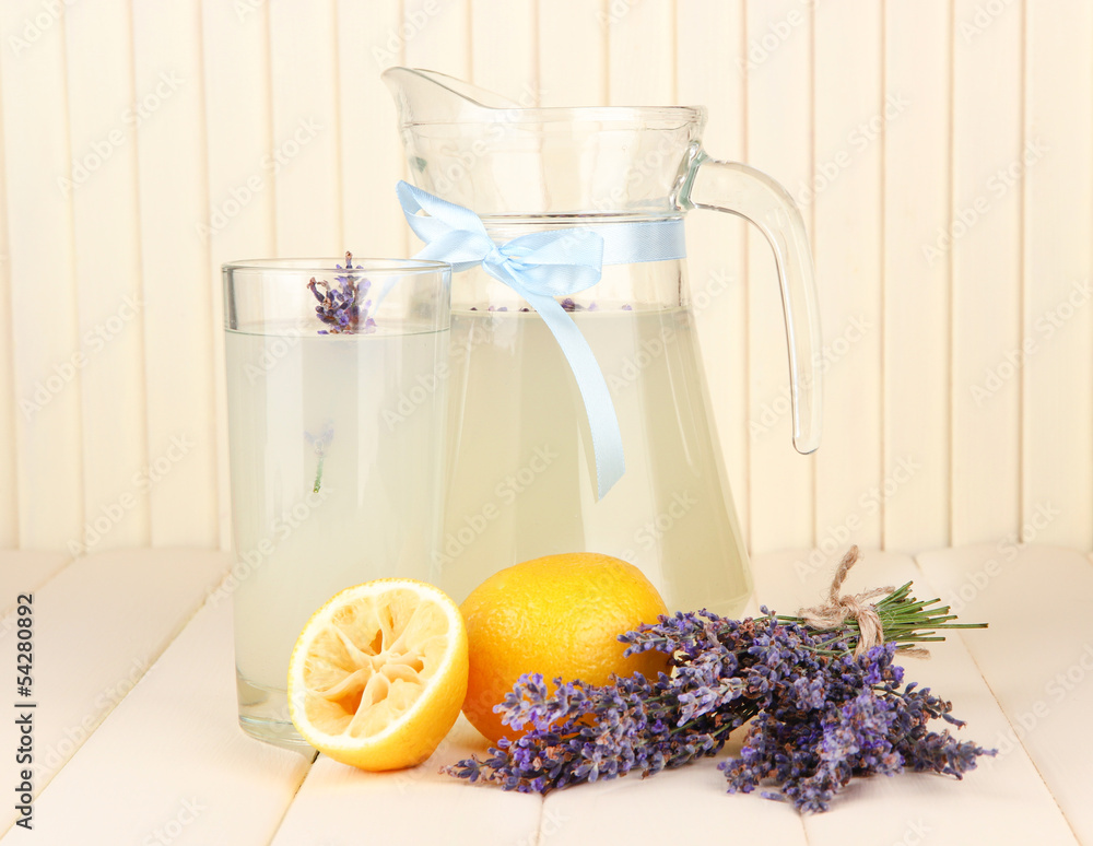 Lavender lemonade, on white wooden background
