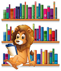 Aufkleber - A lion reading a book while sitting on a bookshelf