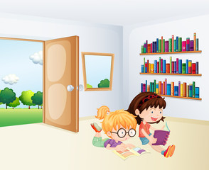 Aufkleber - Two girls reading inside a room
