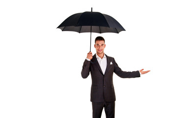 Wall Mural - Young business man with an umbrella checking the rain on