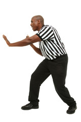 Wall Mural - Attractive fit black man in referee uniform facing side and yell