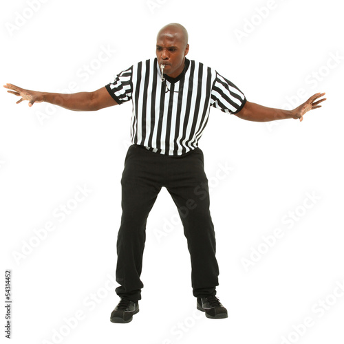 Fotografering Attractive fit black man in referee uniform facing front and blo