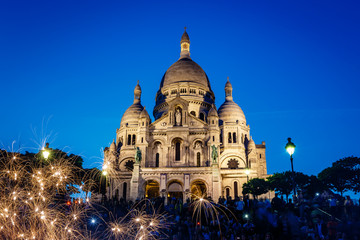 Sacre Coeur Cathedral on Montmartre Hill at Dusk, Paris, France