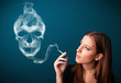 Young woman smoking dangerous cigarette with toxic skull smoke