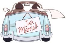 Just Married Couple In Retro Vintage Car, Vector Illustration