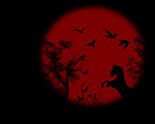 Night Raven On A Tree With Red Full Moon