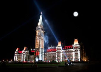 The illumination of the Canadian House of Parliament at night