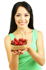 Wall Mural - Girl with fresh cherries isolated on white