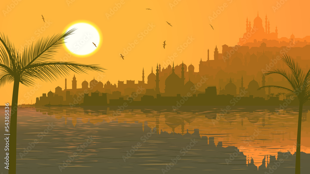 Illustration of big arab city by sea at sunset. - obrazy, fototapety, plakaty 