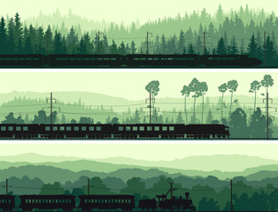 Wall Mural - horizontal banners of locomotive, train and hills coniferous woo