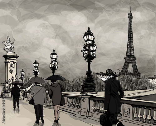 Obraz w ramie Drawing of Alexander III bridge in Paris showing Eiffel tower