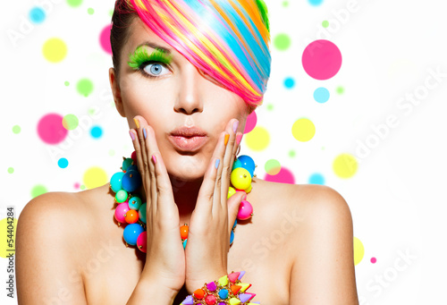 Fototapeta na wymiar Beauty Girl Portrait with Colorful Makeup, Hair and Accessories