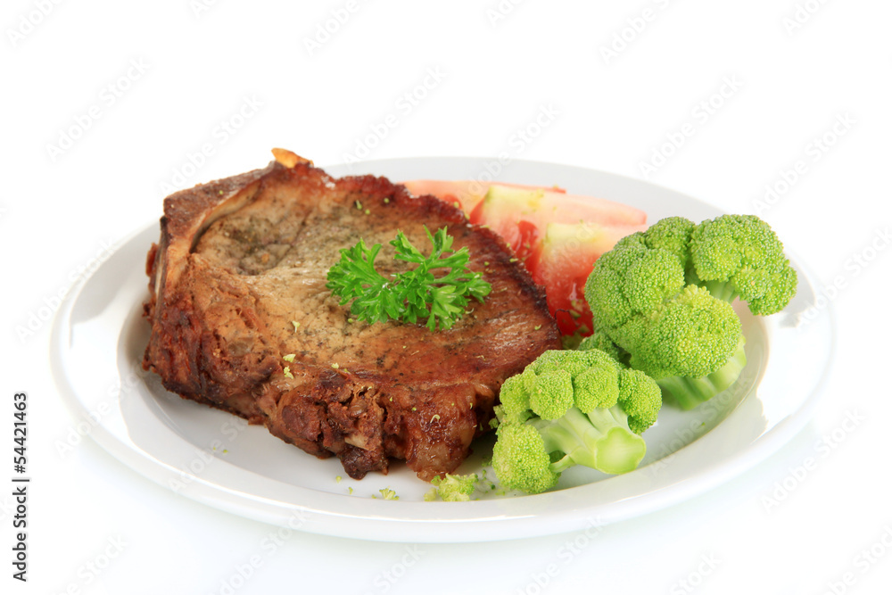 Piece of fried meat on plate isolated on white