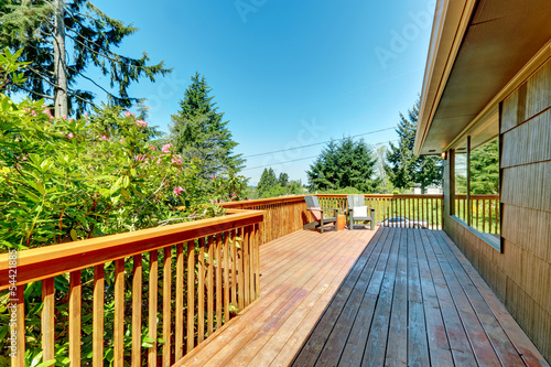 Fotografie, Obraz Long Deck, terrace with wood railings and green landscape.