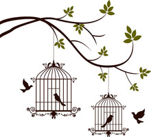 Tree Silhouette With Birds Flying And Bird In A Cage
