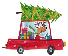 Poster - the reindeer delivering christmas tree