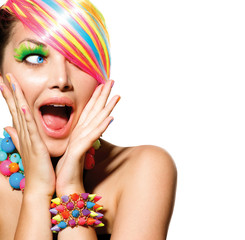 Beauty Girl Portrait with Colorful Makeup, Hair and Accessories