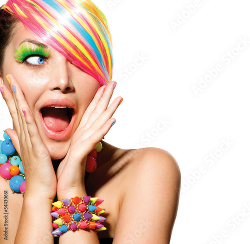 Fototapeta na wymiar Beauty Girl Portrait with Colorful Makeup, Hair and Accessories