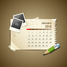 Calendar January 2014, Vintage Paper Note, Vector