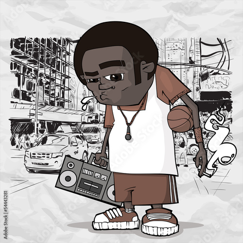 Nowoczesny obraz na płótnie Basketball character on a city-background. Vector illustration.