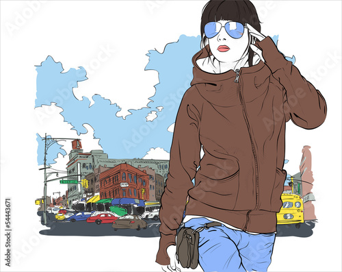 Plakat na zamówienie Fashion girl in sketch-style on a town-background. Vector illust