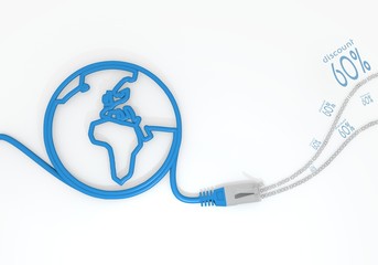 Wall Mural - discount symbol with network cable and world symbol