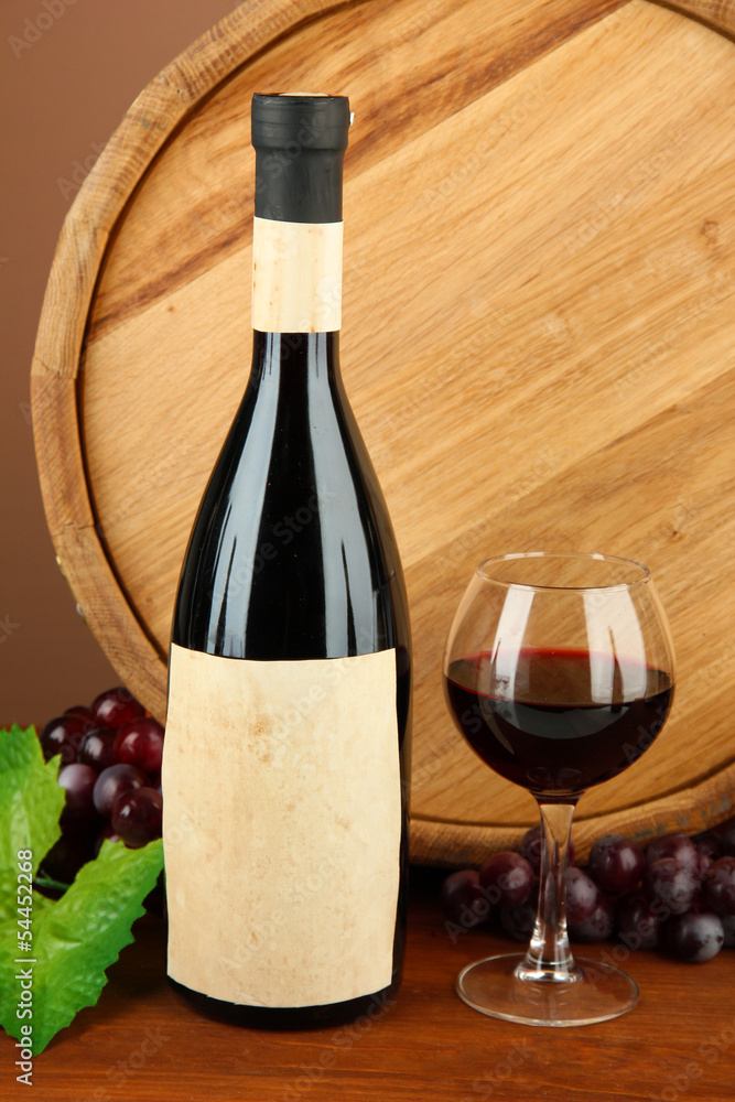 Composition of wine, wooden barrel and  grape,