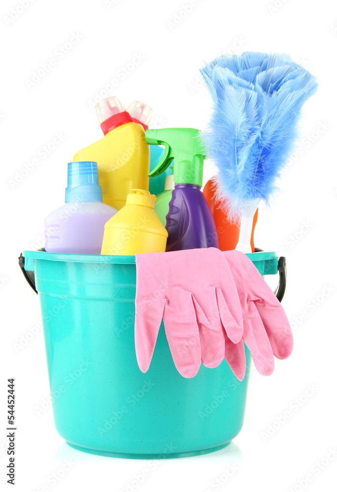 Cleaning items in bucket isolated on white