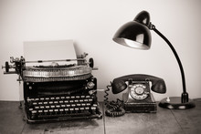 Vintage Typewriter, Old Telephone, Retro Lamp On Table
