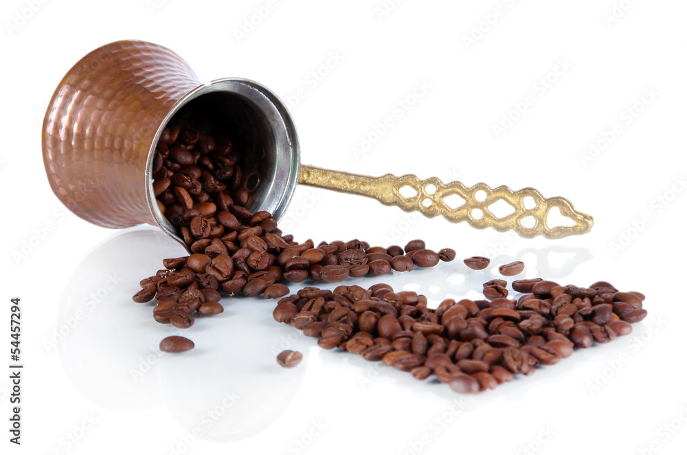 Coffee pot and coffee beans, isolated on white