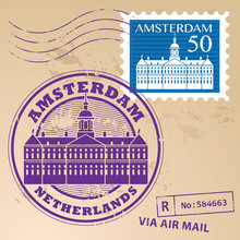 Stamp Set With Words Amsterdam, Netherlands Inside, Vector