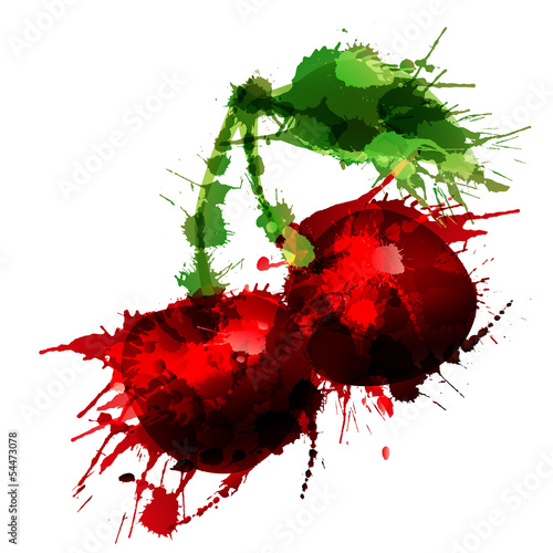 Obraz w ramie Cherry made of colorful splashes on white background