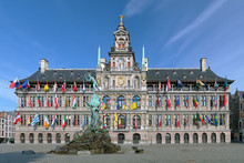 Antwerp City Hall And Brabo Fountain, Belgium