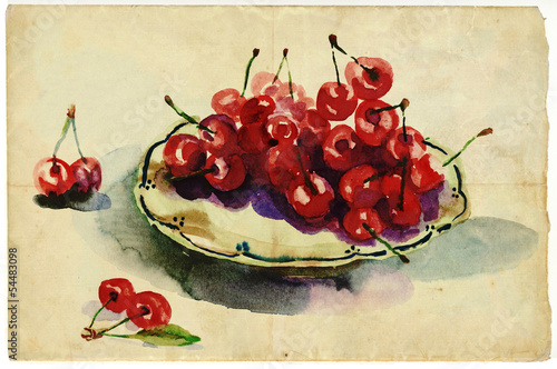 Naklejka dekoracyjna Cherries. An hand drawn illustration - watercolors technique