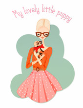 Illustration Of A Young Fashionable Woman Holding A Puppy