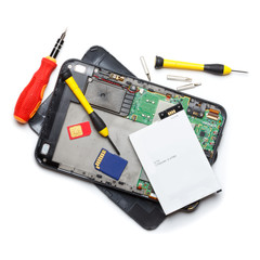 Tablet computer repair, isolated on white