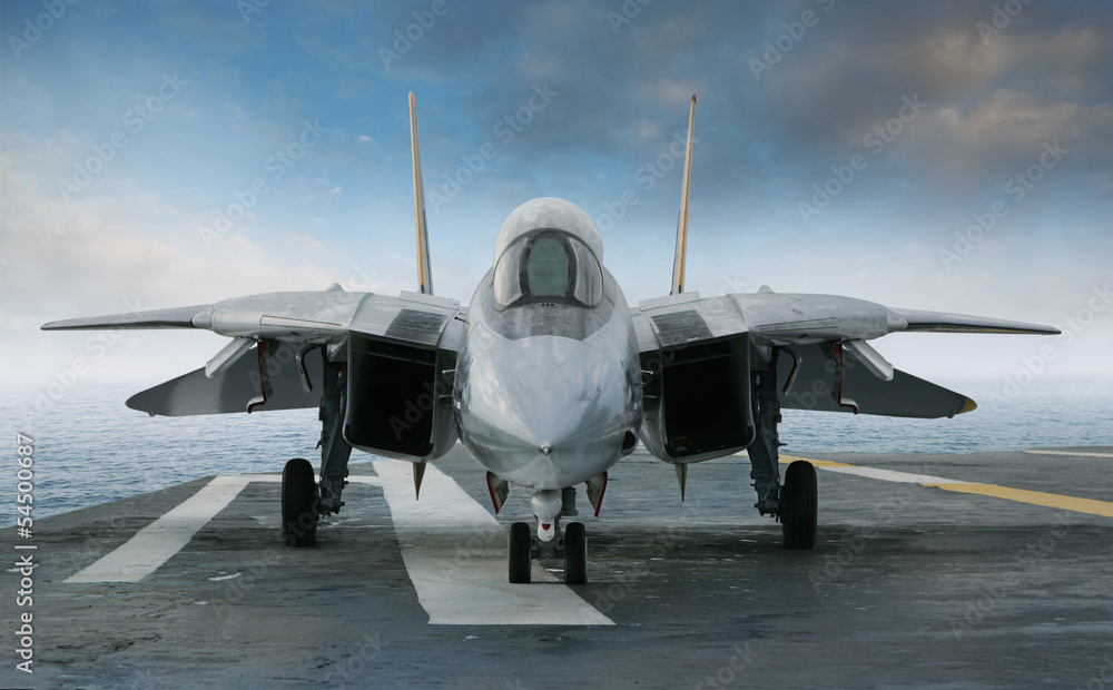 F-14 jet fighter on an aircraft carrier deck viewed from front - obrazy, fototapety, plakaty 